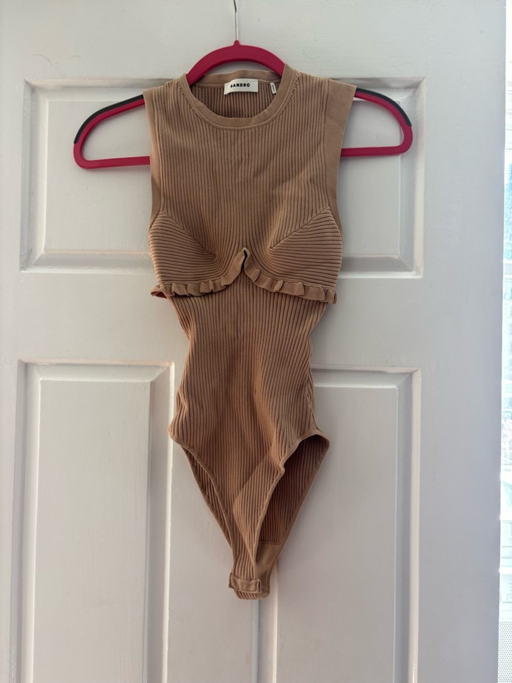 Sandro Beige Ribbed Ruffle-Trim Bodysuit